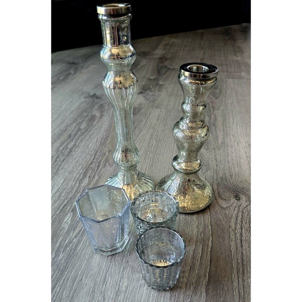 Mercury Glass Candlesticks & Votive Candle Holders lot of 5 Silvertone Holiday